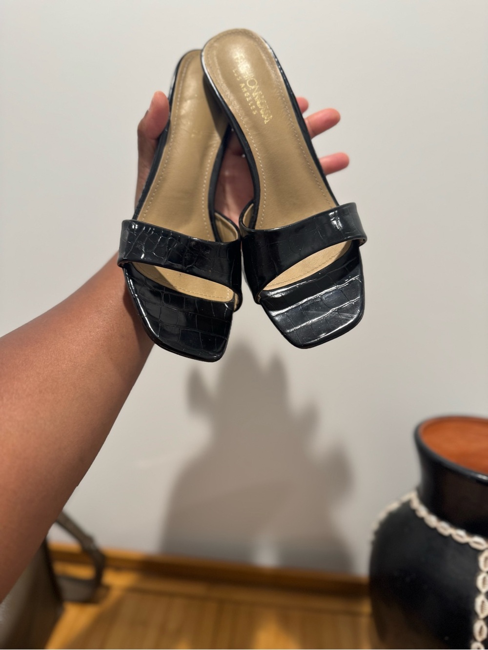 Fashion Nova Black Croc-Embossed Square Toe Slide Mules